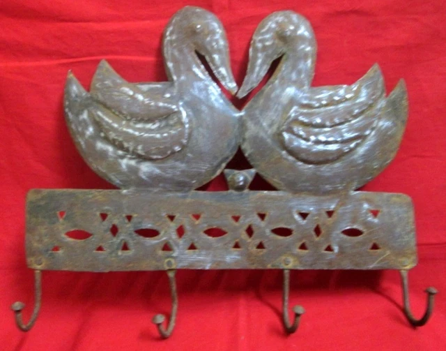 Old Collectible Wall Iron Hangers Antique Hand Carved Duck Pair Rich Patina