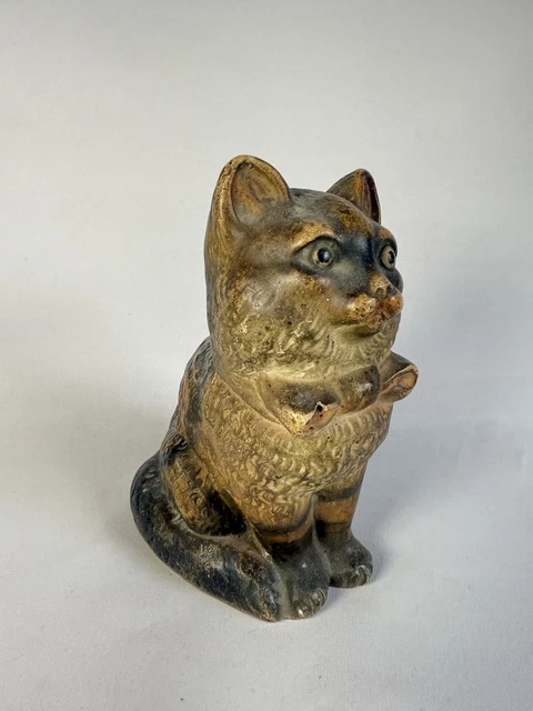ANCIENNE TIRELIRE A CASSER CHAT ASSIS GRES EMAILLE ZOOMORPHE MONEYBOX PIGGY BANK