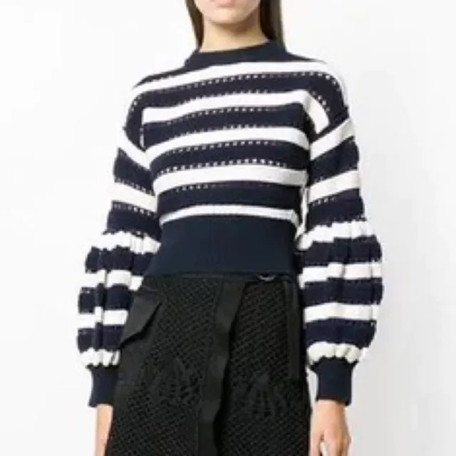 Self Portrait Striped Navy Open Knit Puff Sleeve Sweater Cotton Wool Medium NWT