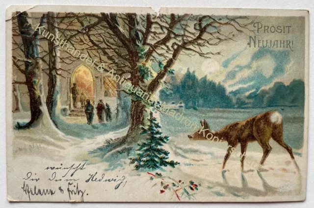 AK alte Postkarte Motiv Neujahr Sylvester um 1907 Litho Landschaft