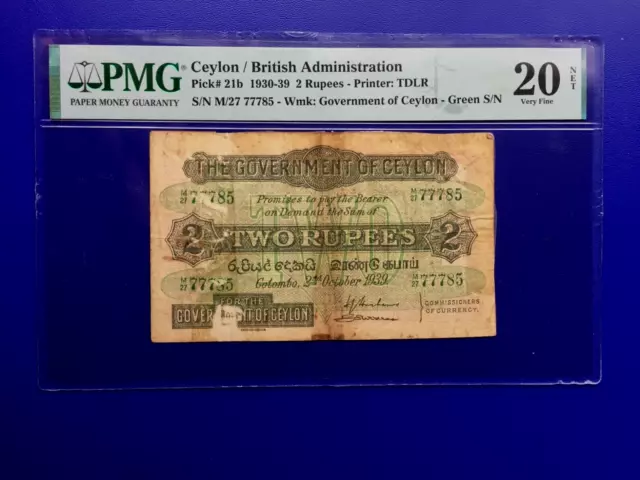 Ceylon 2 Rupees Banknote  1939 - Very Fine