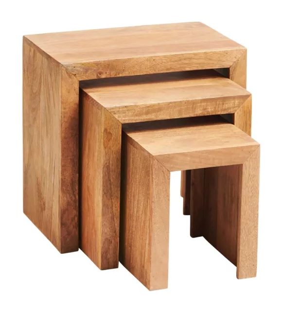 Modern Solid Mango Wood Nest of 3 Tables Living Room Furniture in Matt Finish