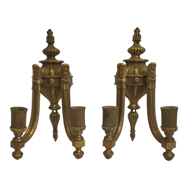 Antique Victorian Solid Brass Double Arm Candle Holder Wall Sconces Pair