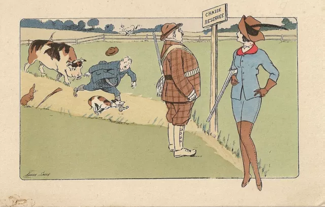Carte Postale Fantaisie Illustrateur Xavier Sager Chasse Reservee