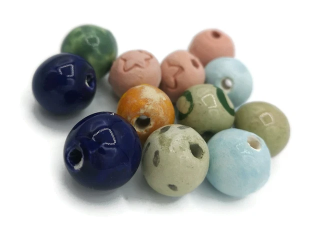 12Pcs Assorted Handmade Ceramic Round Beads For Jewelry Making Macrame Beads