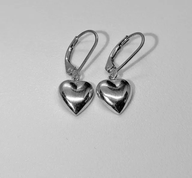 Shiny Puffed Heart Dangle Drop Earrings with Lever Back 14K White Gold Finish