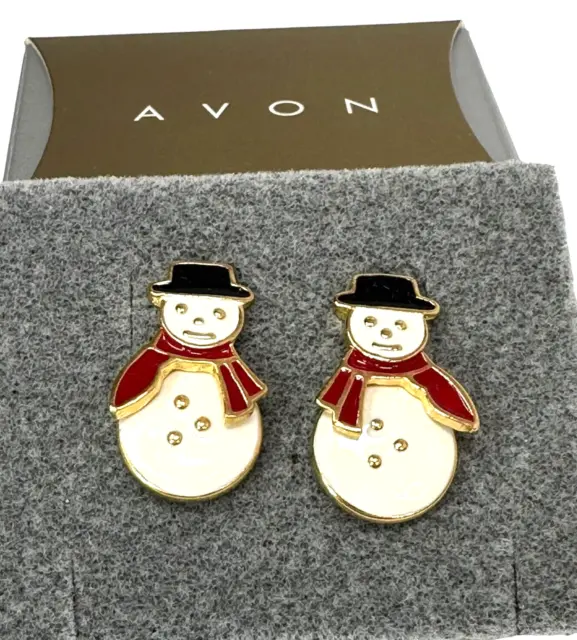 Vintage Avon Christmas Snowman Dangle Pierced Earrings Gold White Red 1990's