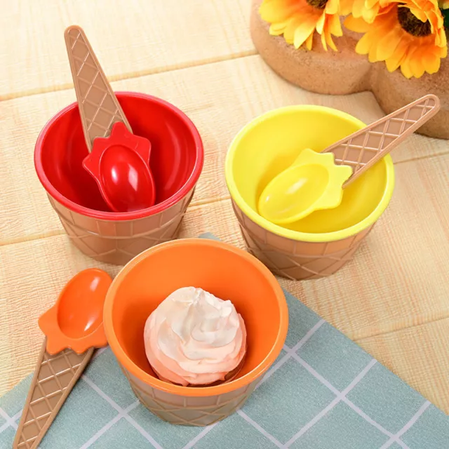 1set Kids Colourful Ice Cream Cup Plastic Ice Cream Bowls With Spoon Dessert *xd