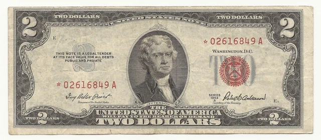 STAR 1953-A $2 Two Dollar Bill Red Seal United States Note VG/FINE FREE SHIPPING