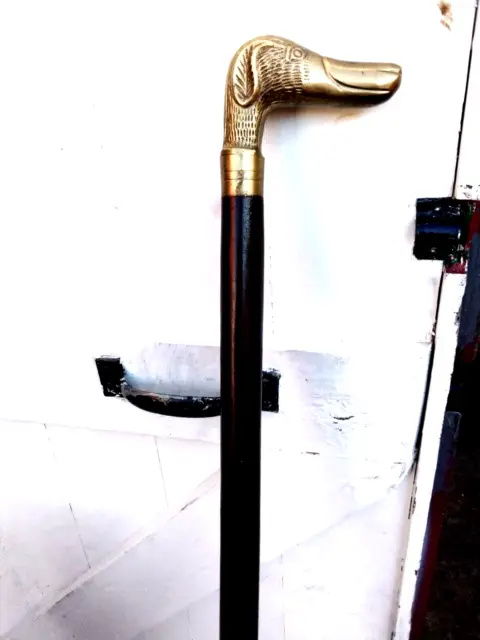 Vintage Wooden Walking Stick Cane With Brass Dog Head Handle