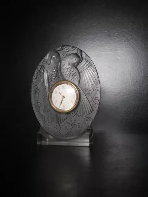 Ancienne pendule horloge en verre cristal? dépolie Lalique oiseau fleur cerisier