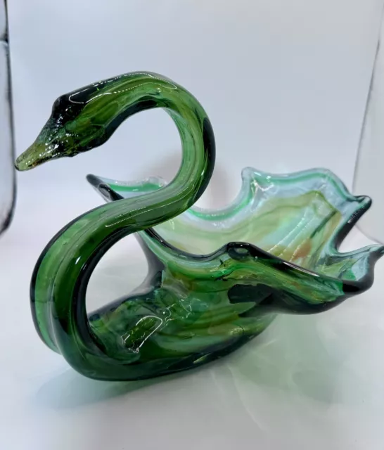 Vtg Sooner 1960's, Large Hand Blown Murano Swirl Art Swung Glass Swan MCM Green