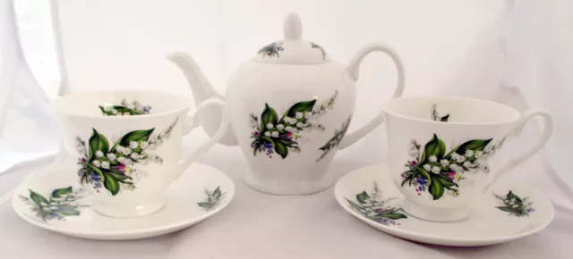 Lily of the Valley Tea Set for Two Bone China Lilies Teapot 2 Cups 2 Saucers Set