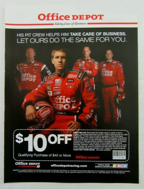 2008 OFFICE DEPOT $10 Off Coupon NASCAR Carl Edwards Magazine Ad