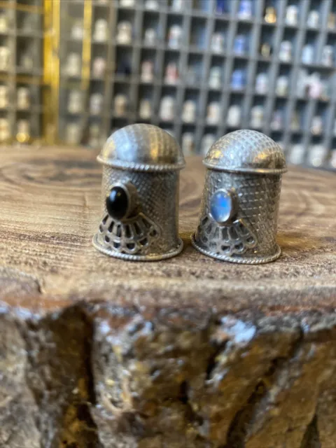 Unmarked Rare Silver Thimbles With Stones X2