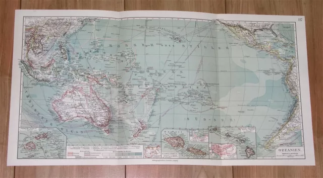 1912 Antique Map Of Oceania Pacific German Colonies Hawaii Honolulu Inset Map
