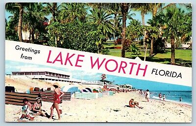 Postcard FL Banner Dual View Greetings From Lake Worth Vintage O11