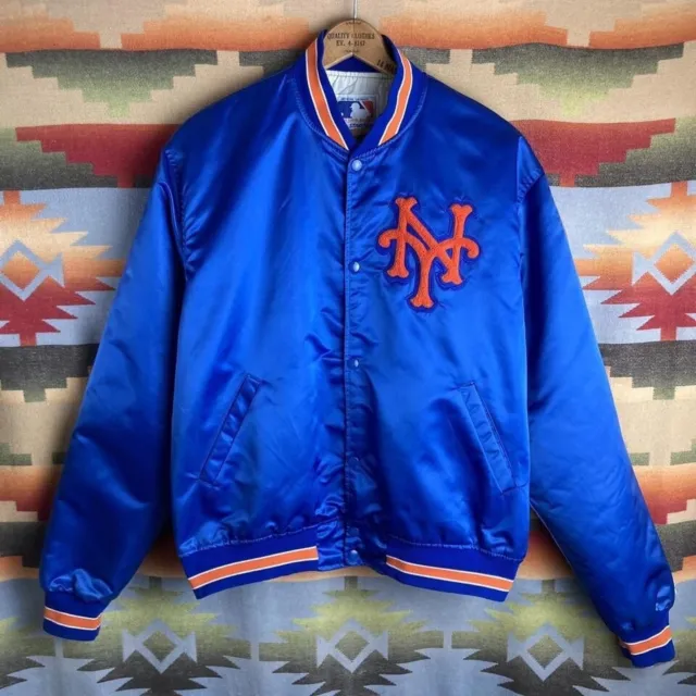 Vintage 80s Starter New York Mets MLB Baseball Blue Satin Bomber Jacket Size XL
