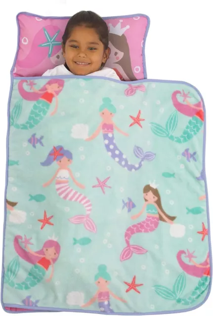 Everything Kids Pink Aqua Mermaid Toddler Nap Mat with Pillow and Blanket
