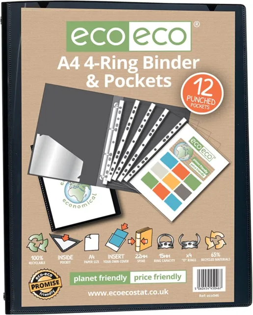 eco-eco A4 Presentation Ring Binder 12 Multi Punched Pockets 65% Recycled Black