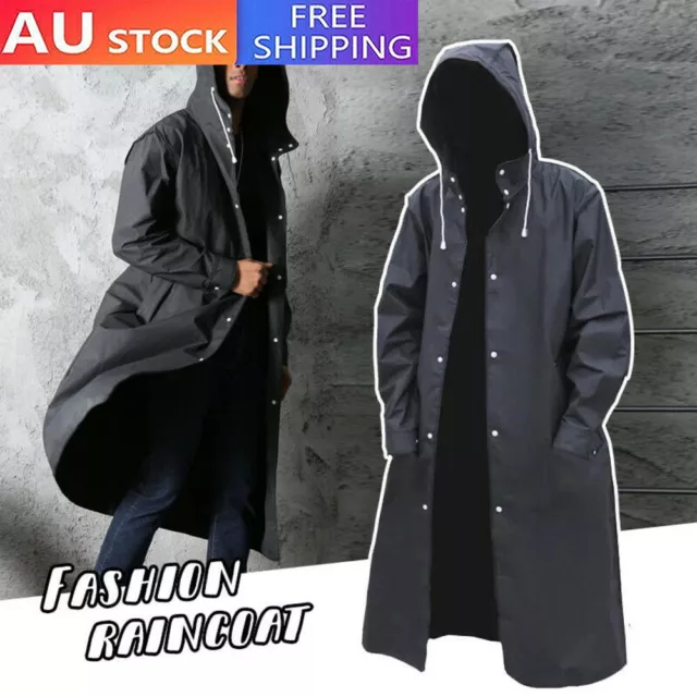 Long Black Raincoat Men Women Trench Coat Hooded Jacket Rain Waterproof Rainwear