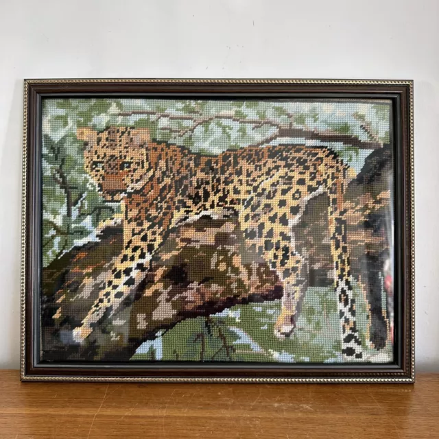 Vintage Completed Tapestry Leopard At Rest Framed Needlepoint Big Cat 17” x 13”