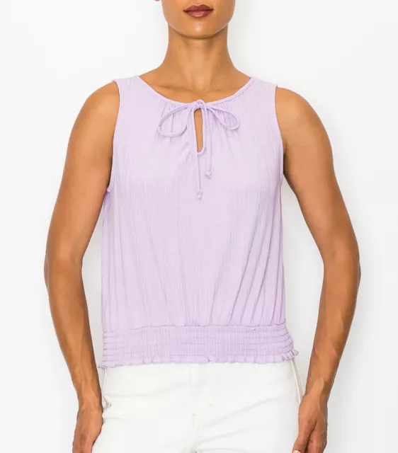 W5 Concepts Keyhole Top Large Lavender Purple Ribbed Sleeveless Smocked Hem