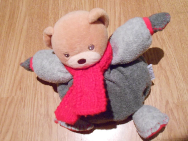 Doudou PELUCHE OURS KALOO BEAR BAR ORSO ROUGE GRIS BOULE ECHARPE POLAIRE