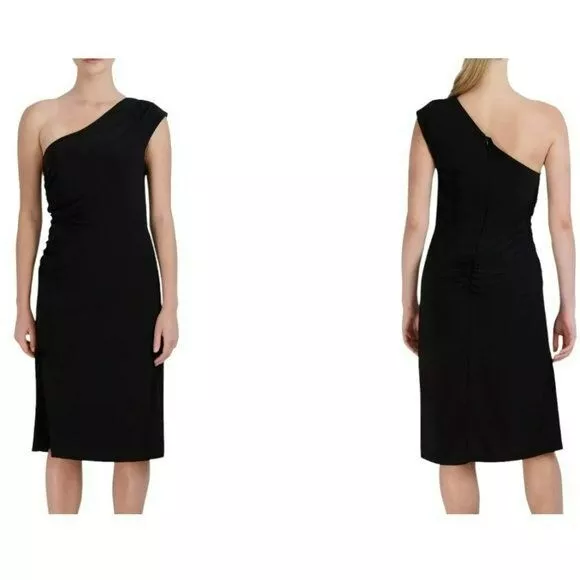 Laundry By Shelli Segal Black Jersey One Shoulder Cocktail Midi Dress Sz 6