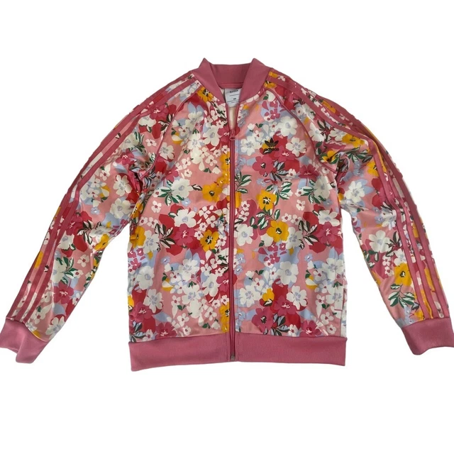 Adidas Girl's Track Jacket Varsity Her Zip Up Youth Pink Floral Size M 11-12Y