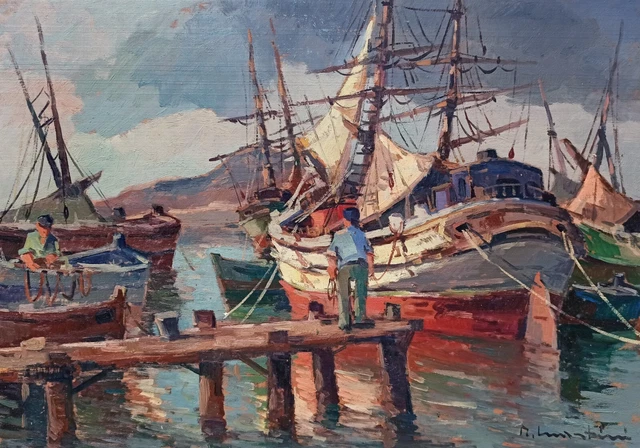 DIPINTO RENZO MARTINI 1937 ORIGINALE 50x70 MARINA CON BARCONI QUADRO MACCHIAIOLO