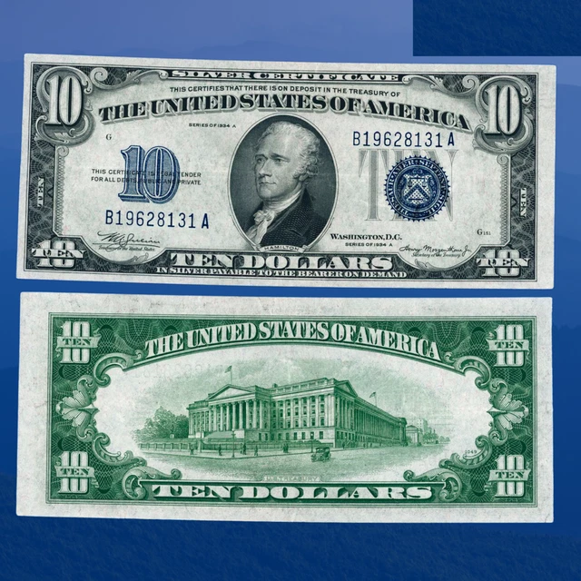 1934A $10 Ten Dollars Silver Certificate Blue Seal, XF+ Condition #28131