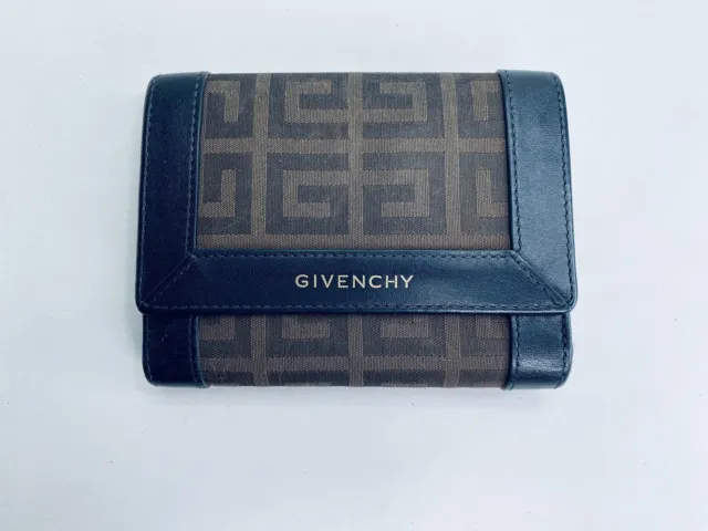 New Givenchy Black Leather & Brown Monogram Canvas Trifold Cash Coin Wallet