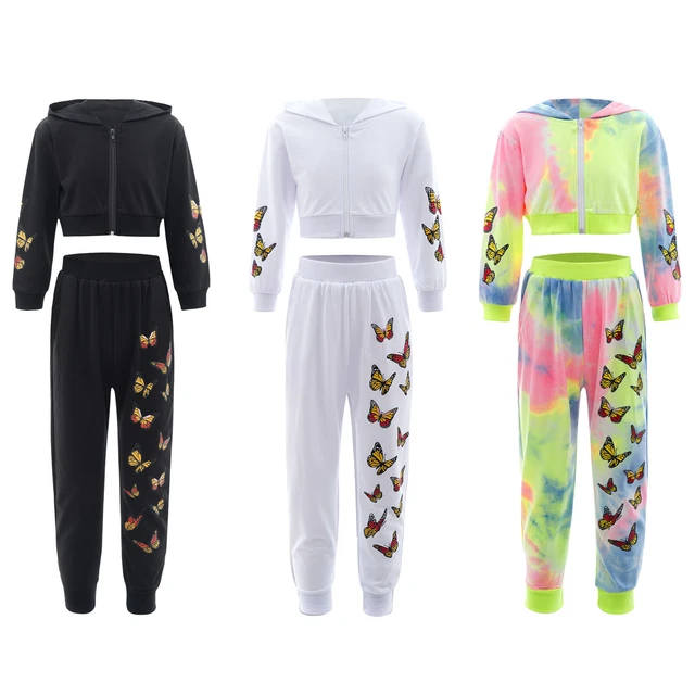 Kids Girls 2 Pieces Sports Suit Crop Top with Pants Tracksuit Dance Outfits Sets