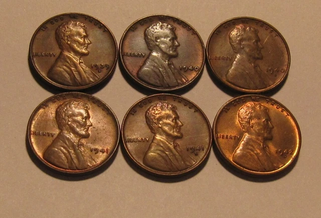 1939 S to 1942 D (6 Coins) Lincoln Cent Penny - AU/BU Condition - 31SA