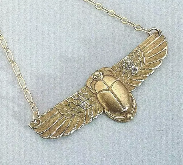 Egyptian Revival Necklace Brass Winged Scarab Pendant Vintage Jewelry