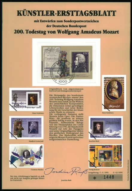 Brd Künstler-Etb 1991/42 Mozart Musik Komponist Music Composer Entwürfe!!