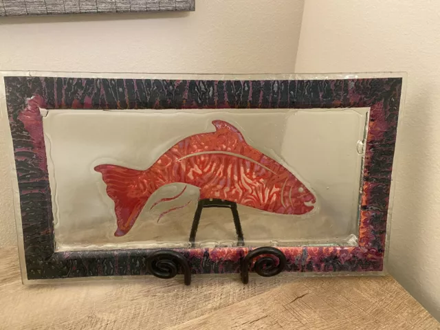 Decorative Glass Salmon Plate 18” X 9.5” Art Fish Kitchen Decor