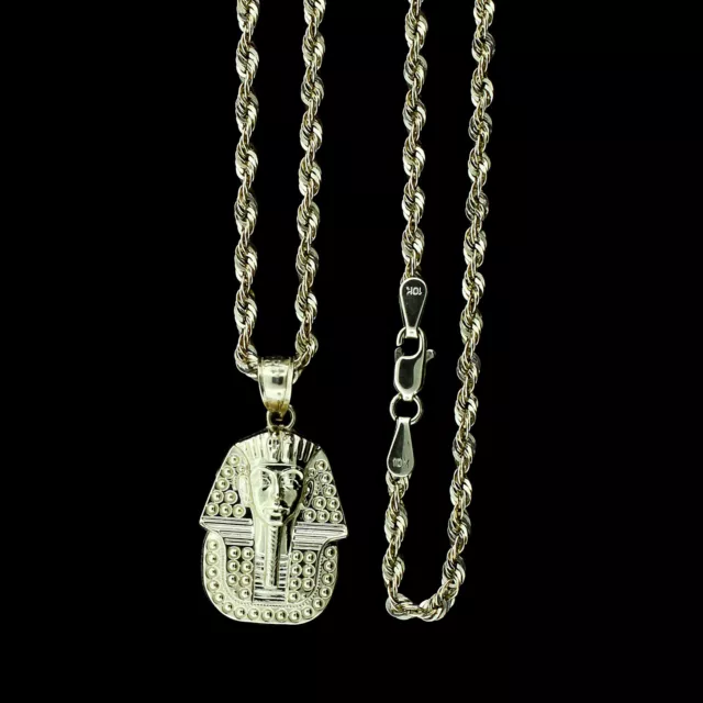 10K Yellow Gold Diamond Cut Pharaoh Egyptian King Tut Pendant & 2.5mm Rope Chain