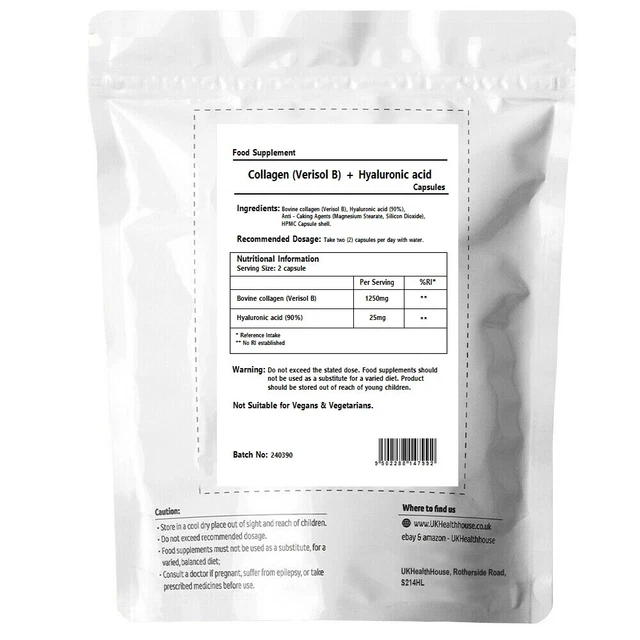 HYDROLYSED COLLAGEN 1250MG + Hyaluronic Acid 120 Capsules Skin Joints