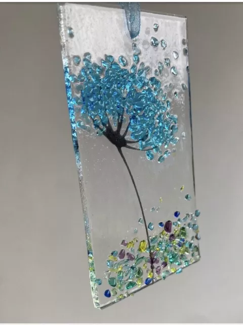 New Handmade fused glass art Hanging Turquoise Flower Sun Catcher