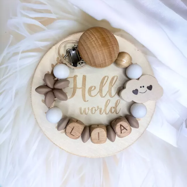 Schnullerkette mit Namen Junge Mädchen Geburt Geschenk Holz Silikon Nuckelkette