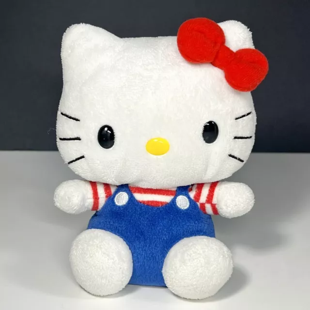 Ty Sanrio Hello Kitty 6" Plush Stuffed Animal Red Bow Blue Overalls Stripe Shirt