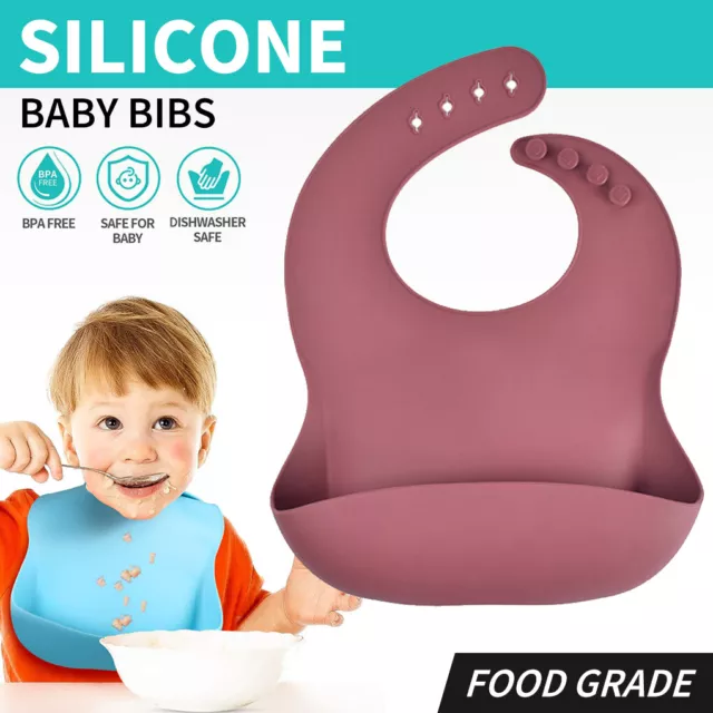 Silicone Baby Bibs Kid Toddler Feeding Bib Waterproof Smock Apron Pocket Rose