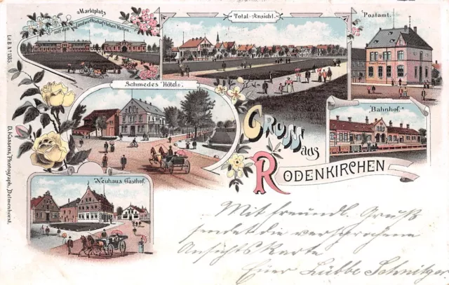 746184) Gruss aus Litho AK mit Bahnhof etc... Rodenkirchen Oldenburg gel. 1898