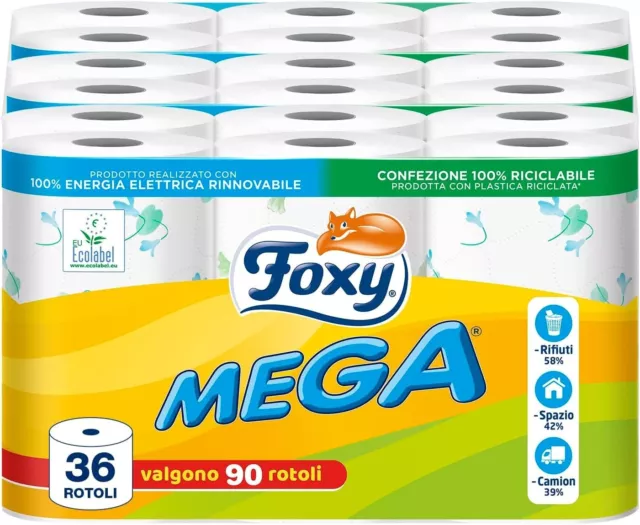 Foxy Mega | Carta igienica 36 rotoli| 480 strappi| Decorata |100% Energia elett