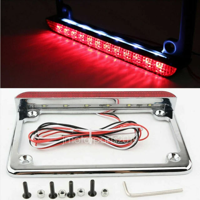 Chrome License Plate Frame LED Brake Light for Harley Cafe Racer Bobber Chopper