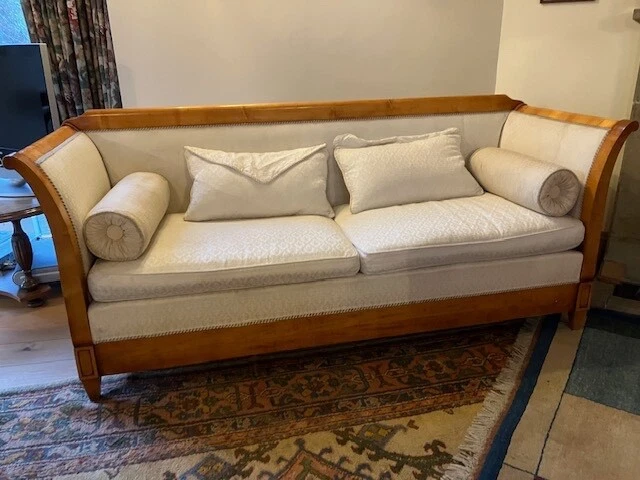 1900s Art Deco biedermeier style sofa honey satinwood with cream silk upholstery