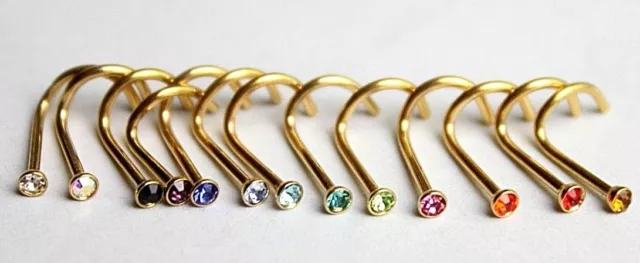 1 5 10pcs GOLD Nose Screw 2mm Gem 20g Twist Piercing Bar Stud Ring Crystal Bulk