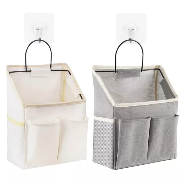 Linen Fabric Door Storage Basket with Pockets Sticky Hook Waterproof Bin